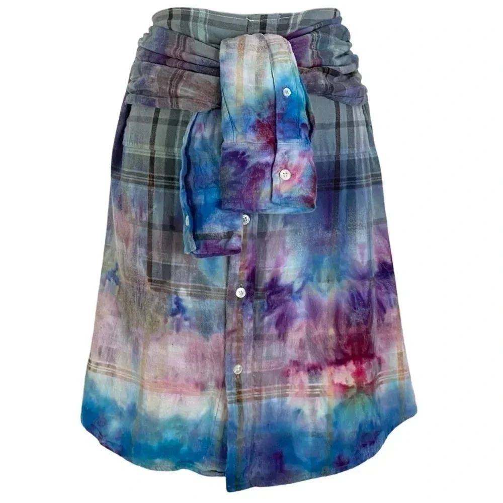 Handmade Shirt Skirt Womens XS - Small Tie Dye Flannel Plaid Tie Waist Skirt